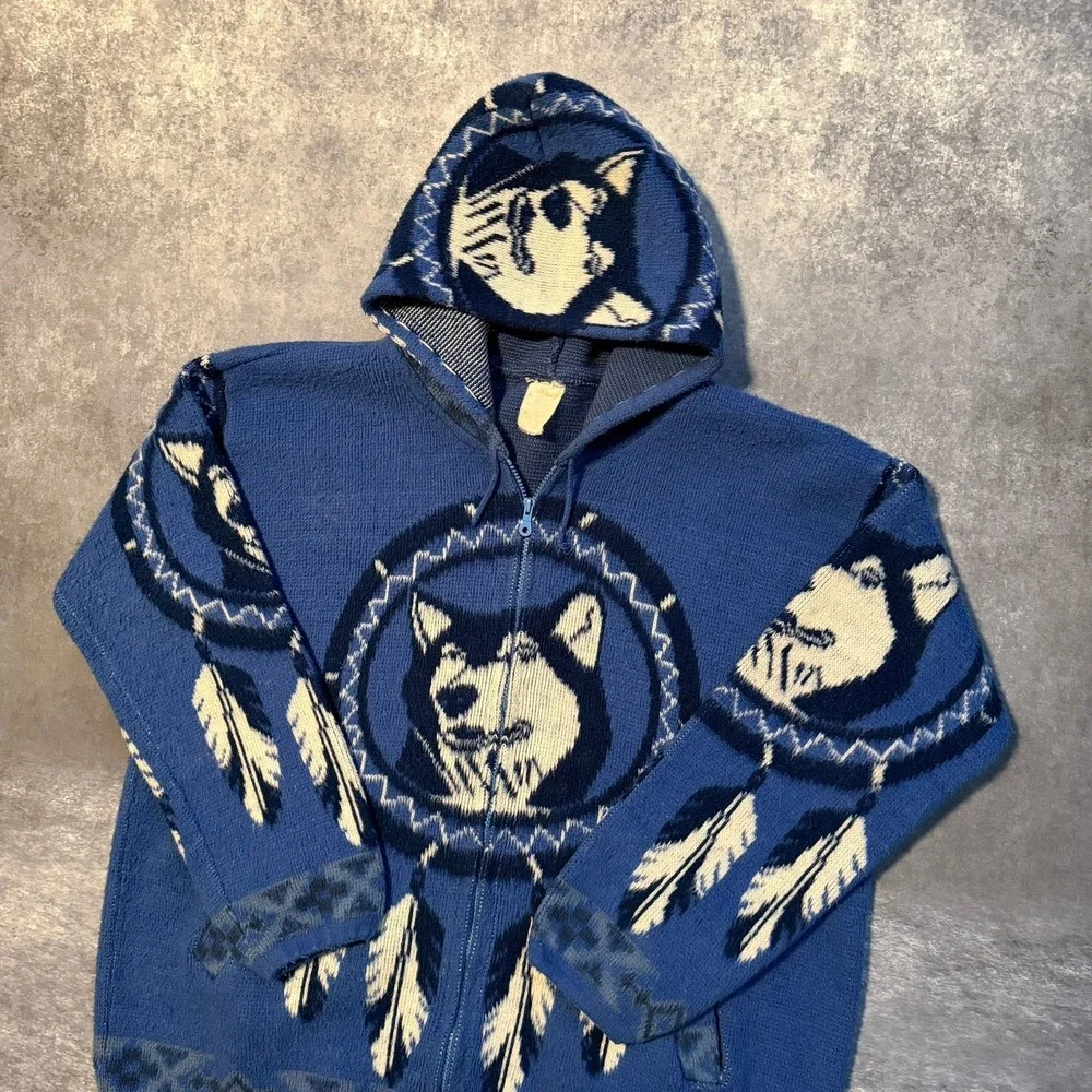 VTG Wool Wolf Dreamcatcher Zip Up Hoodie‎ Native American Blue Mens XL Ecuador